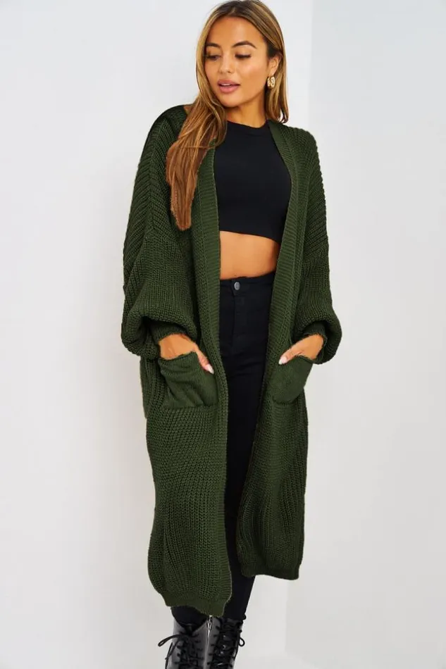 Women Gilet Long Kaki En Grosses Mailles Khaki Brentiny Paris Cardigans