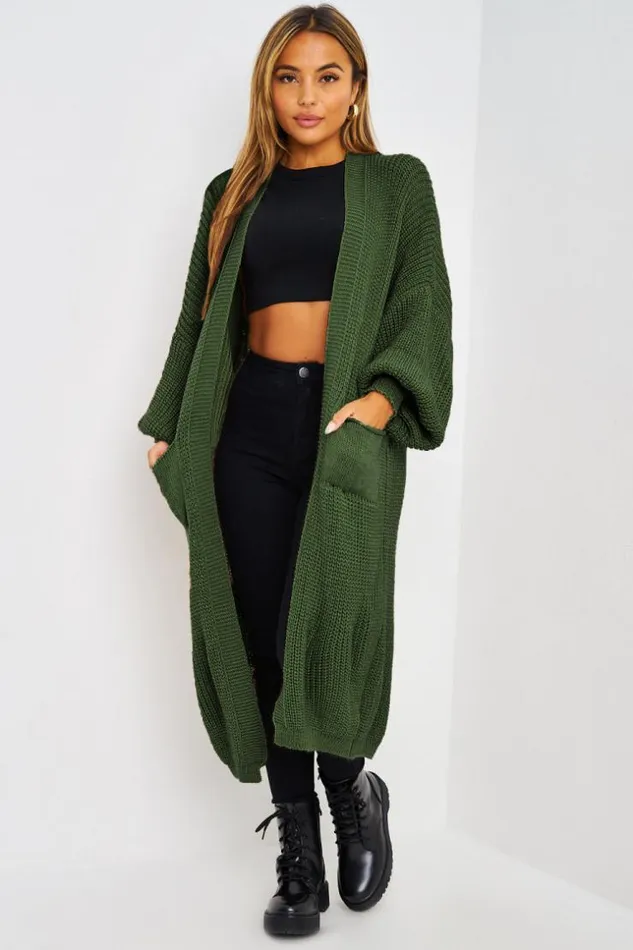 Women Gilet Long Kaki En Grosses Mailles Khaki Brentiny Paris Cardigans