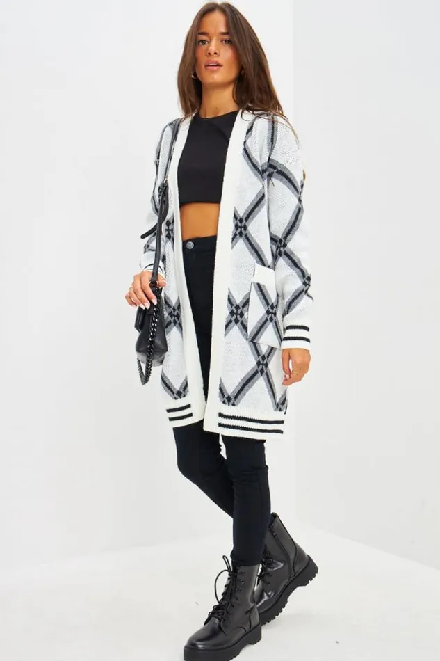 Women Gilet MiLong En Mailles Motif Losange Blanc White Brentiny Paris Cardigans