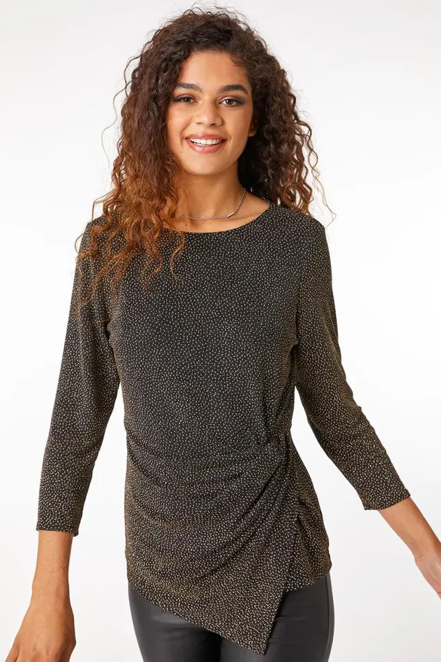 Women Gold Glitter Twist Detail Stretch Top Roman Tops