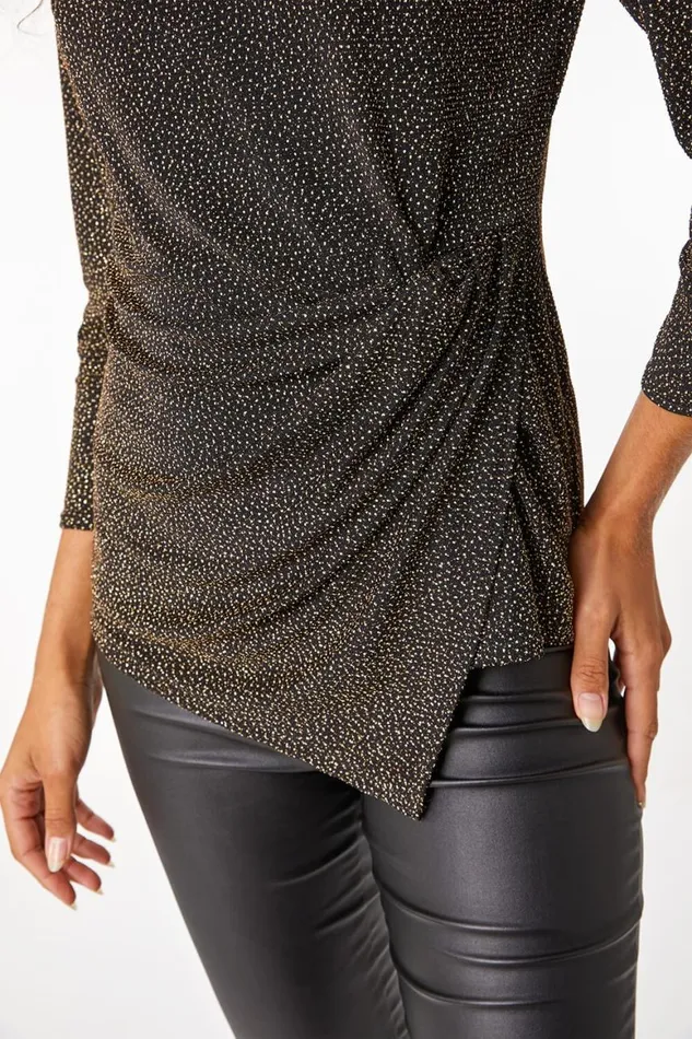 Women Gold Glitter Twist Detail Stretch Top Roman Tops