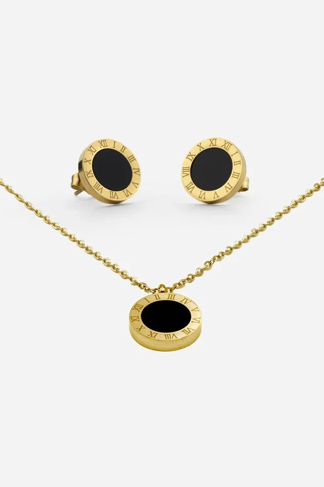 Women Gold Stainless Steel Clock Pendant And Earring Set Roman Jewellery