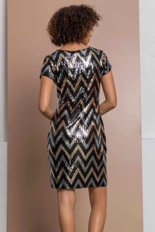 Women Gold Zig Zag Sequin Dress Roman Dresses