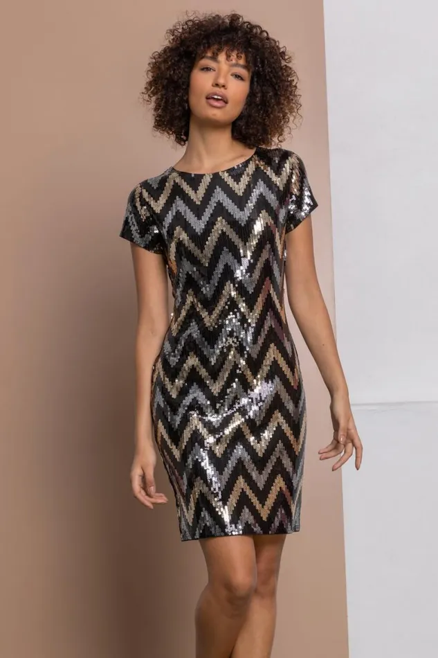 Women Gold Zig Zag Sequin Dress Roman Dresses