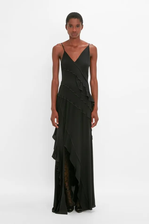 Women Gowns Victoria Beckham Asymmetric Bias Frill Dress In Black