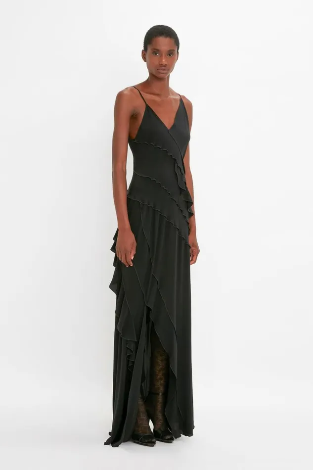 Women Gowns Victoria Beckham Asymmetric Bias Frill Dress In Black
