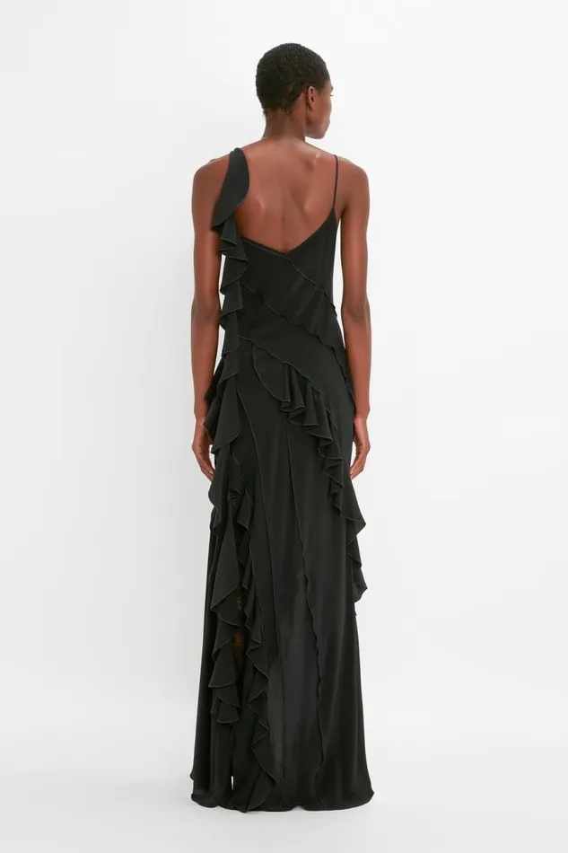 Women Gowns Victoria Beckham Asymmetric Bias Frill Dress In Black