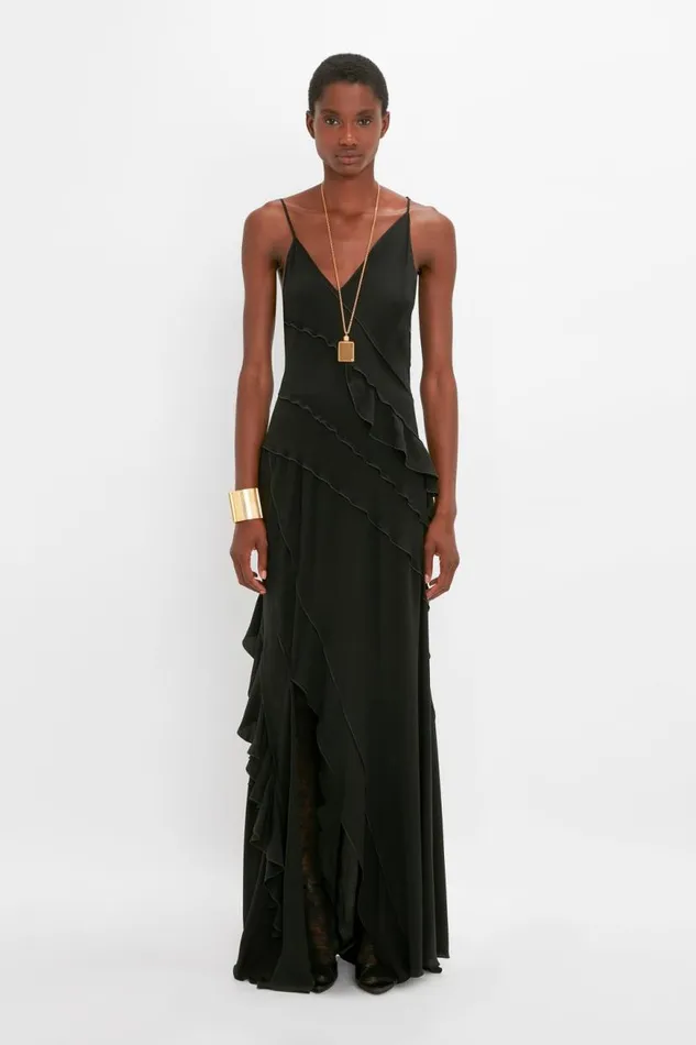 Women Gowns Victoria Beckham Asymmetric Bias Frill Dress In Black