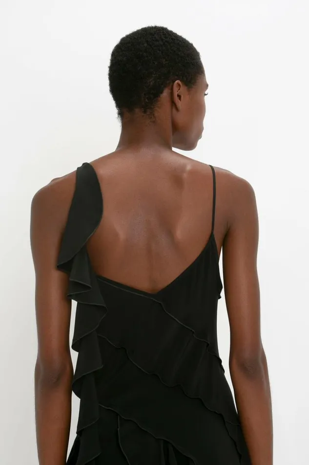 Women Gowns Victoria Beckham Asymmetric Bias Frill Dress In Black