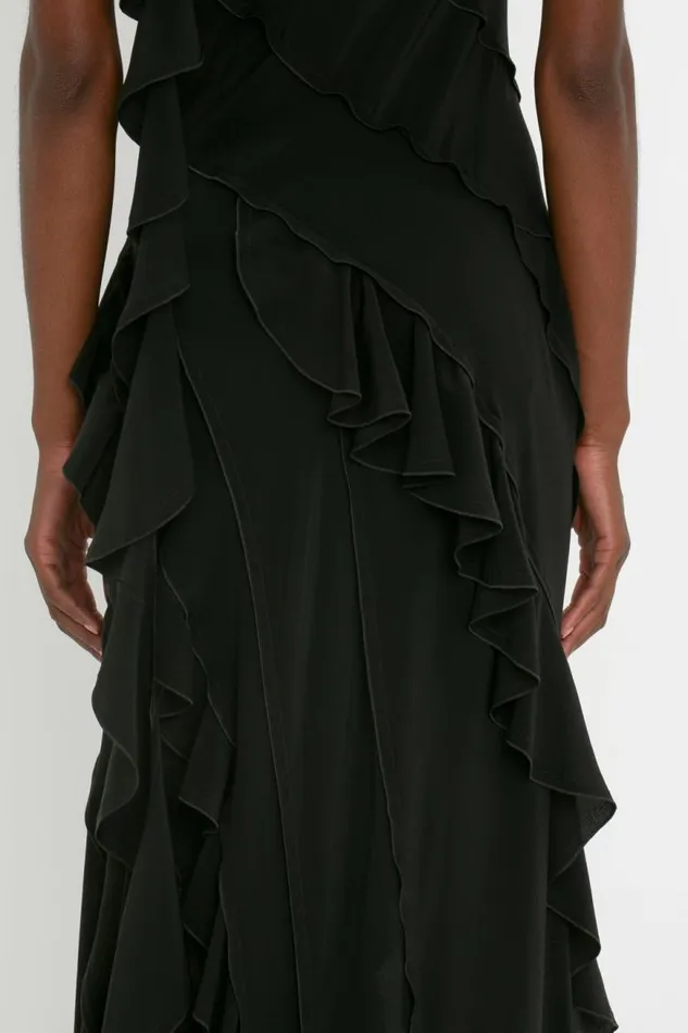 Women Gowns Victoria Beckham Asymmetric Bias Frill Dress In Black