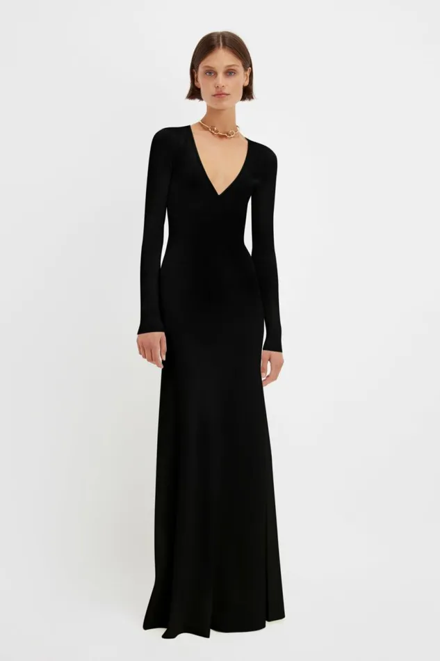 Women Gowns Victoria Beckham Deep V Knitted Gown In Black