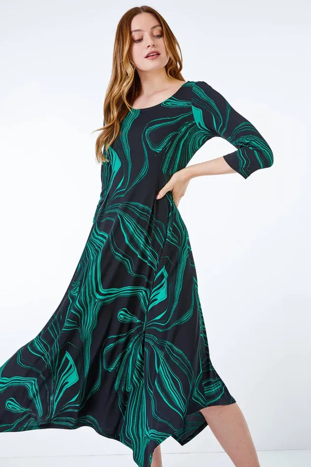 Women Green Abstract Marble Print Midi Dress Roman Dresses