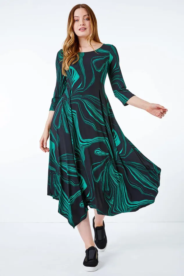 Women Green Abstract Marble Print Midi Dress Roman Dresses