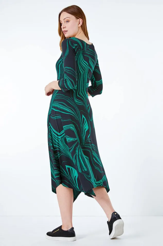 Women Green Abstract Marble Print Midi Dress Roman Dresses