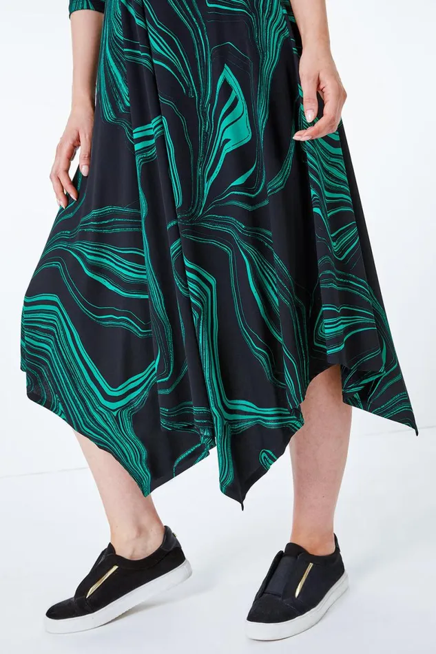 Women Green Abstract Marble Print Midi Dress Roman Dresses