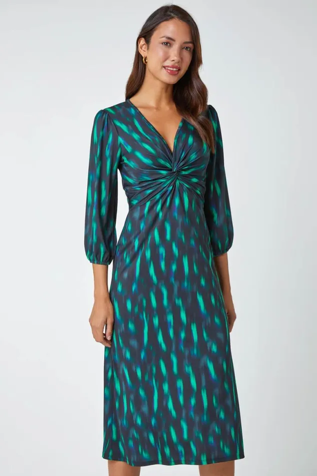 Women Green Abstract Twist Front Midi Stretch Dress Roman Dresses