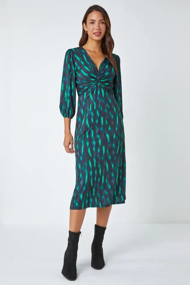 Women Green Abstract Twist Front Midi Stretch Dress Roman Dresses