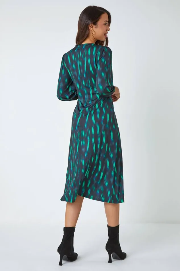 Women Green Abstract Twist Front Midi Stretch Dress Roman Dresses