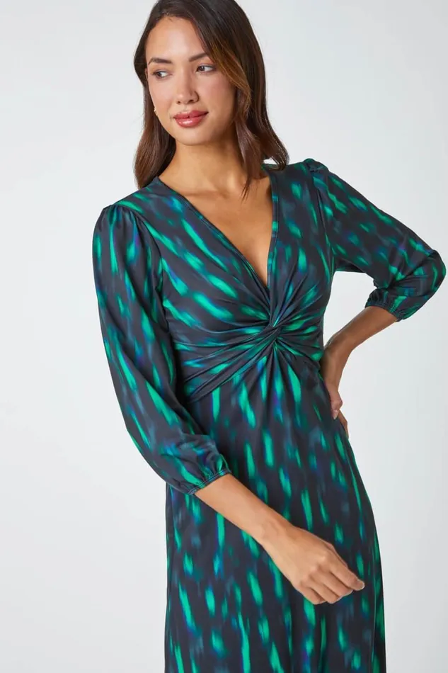 Women Green Abstract Twist Front Midi Stretch Dress Roman Dresses