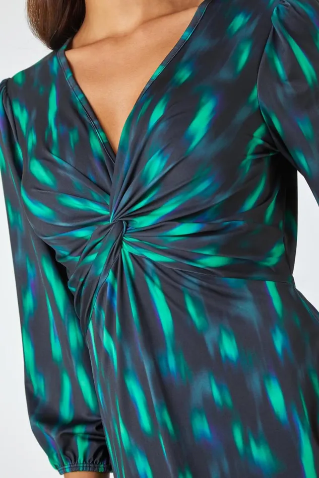 Women Green Abstract Twist Front Midi Stretch Dress Roman Dresses