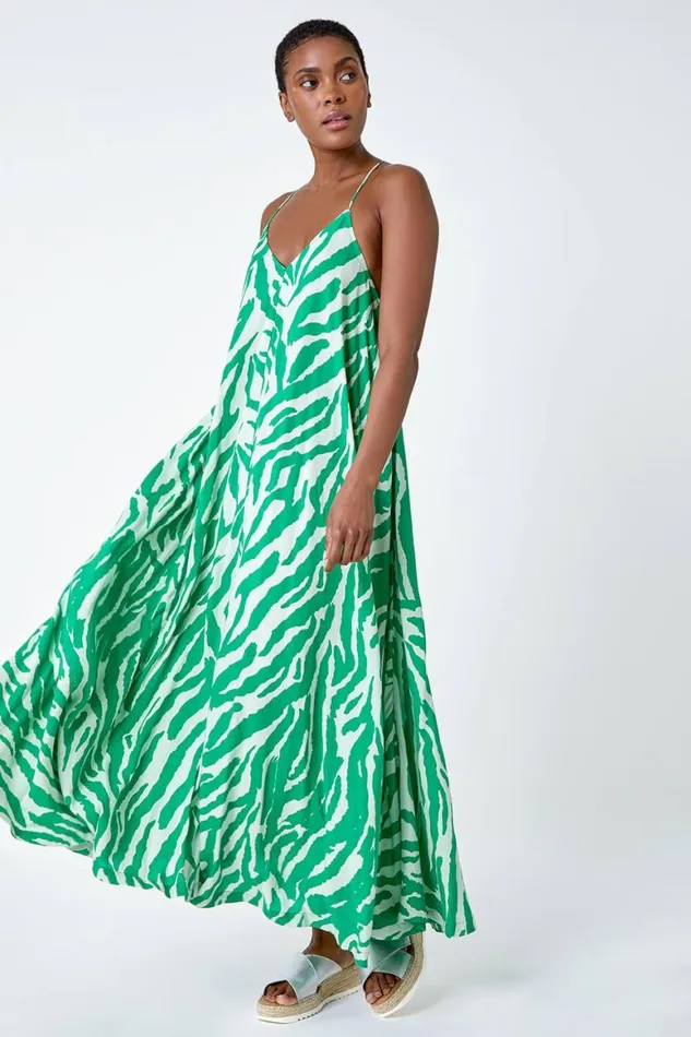 Women Green Animal Print Halter Neck Maxi Dress Roman Dresses
