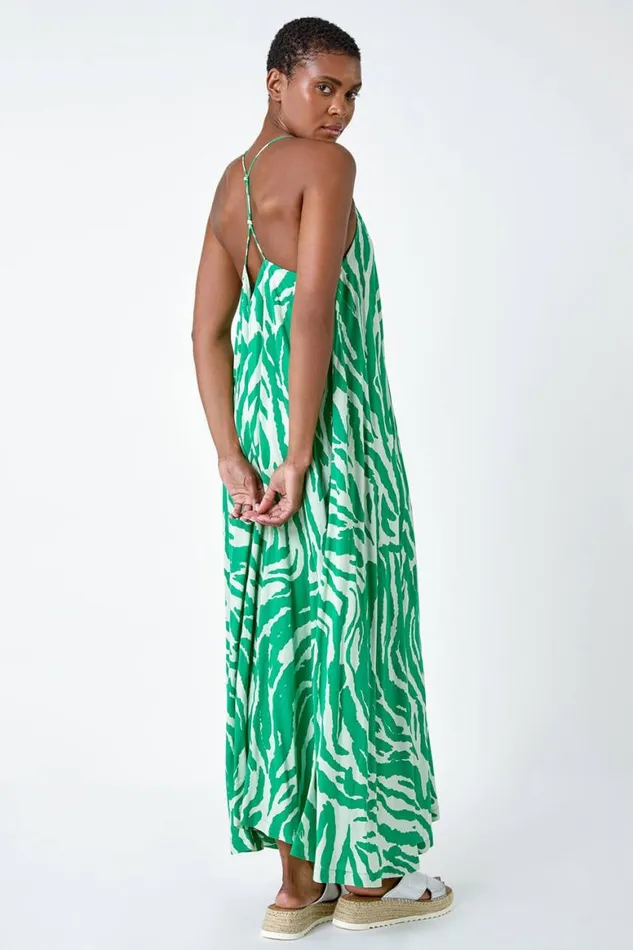 Women Green Animal Print Halter Neck Maxi Dress Roman Dresses