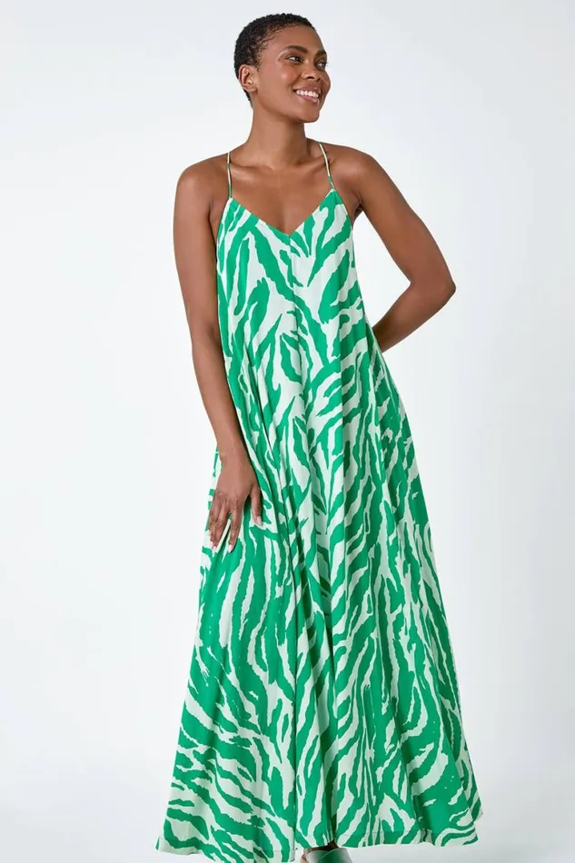 Women Green Animal Print Halter Neck Maxi Dress Roman Dresses
