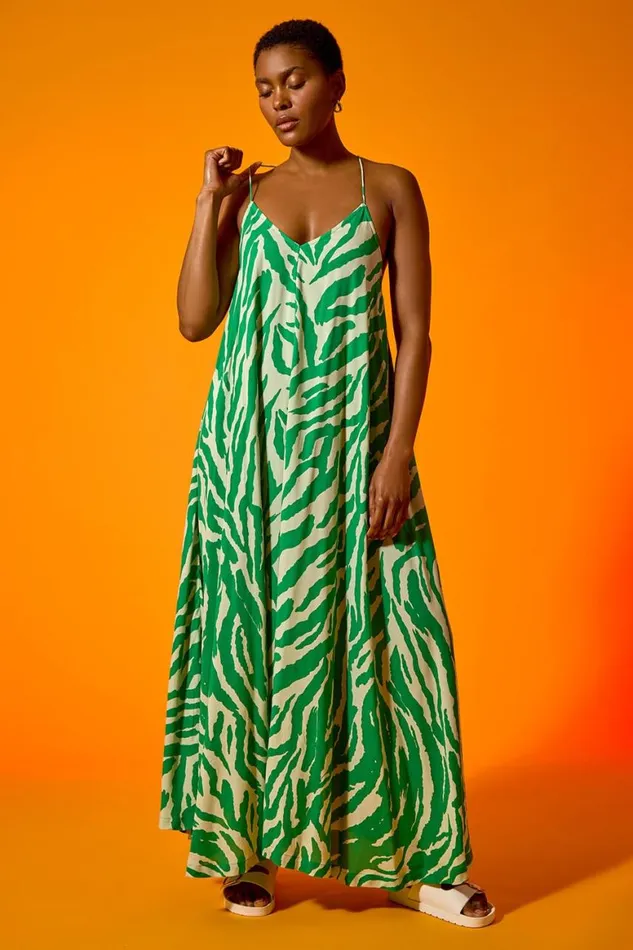 Women Green Animal Print Halter Neck Maxi Dress Roman Dresses
