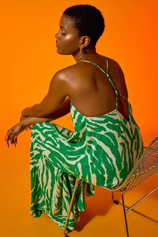 Women Green Animal Print Halter Neck Maxi Dress Roman Dresses