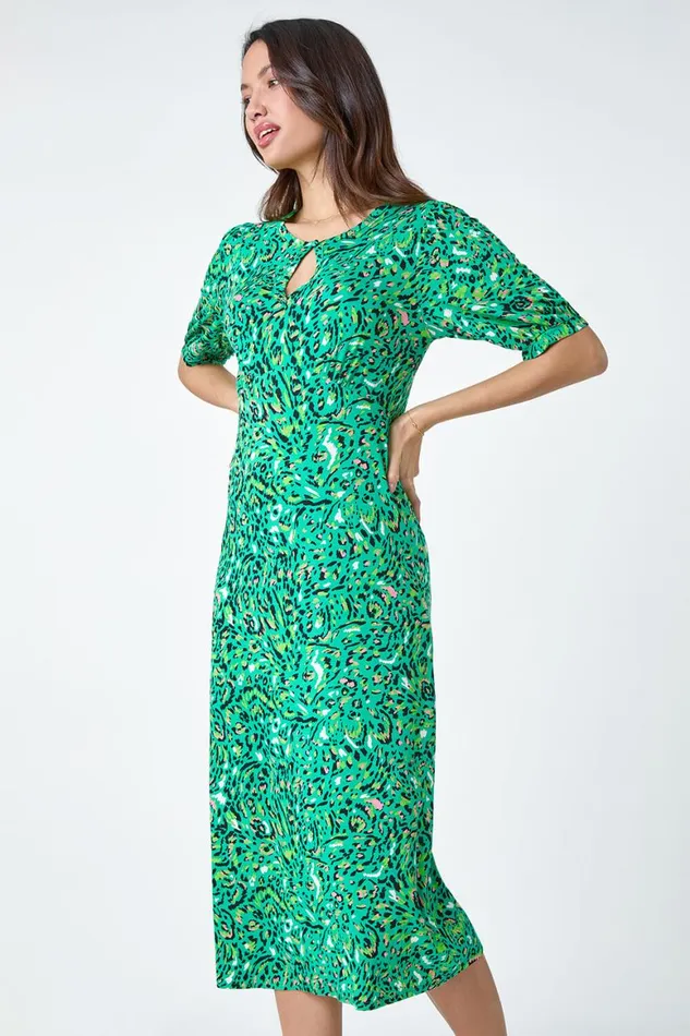 Women Green Animal Print Keyhole Stretch Dress Roman Dresses