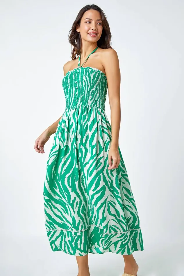 Women Green Animal Shirred Stretch Maxi Dress Roman Dresses