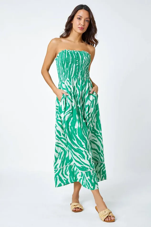 Women Green Animal Shirred Stretch Maxi Dress Roman Dresses