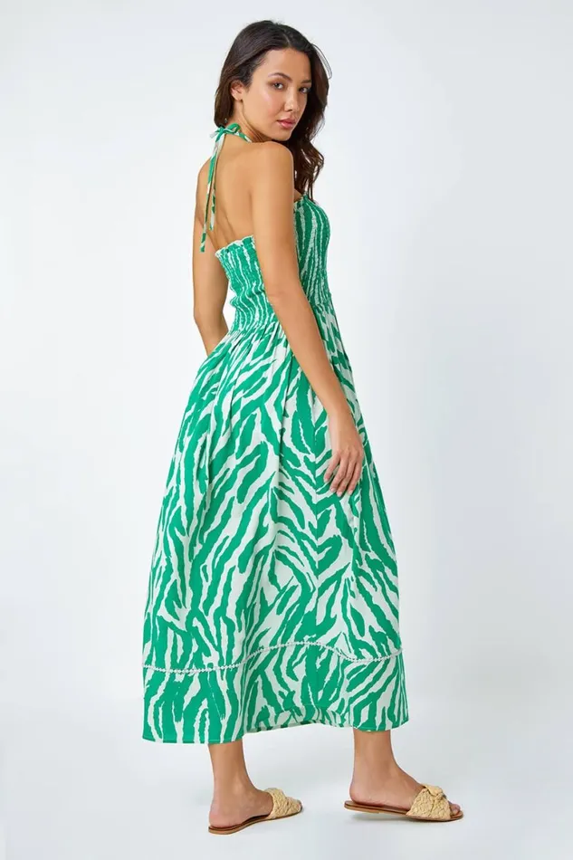 Women Green Animal Shirred Stretch Maxi Dress Roman Dresses