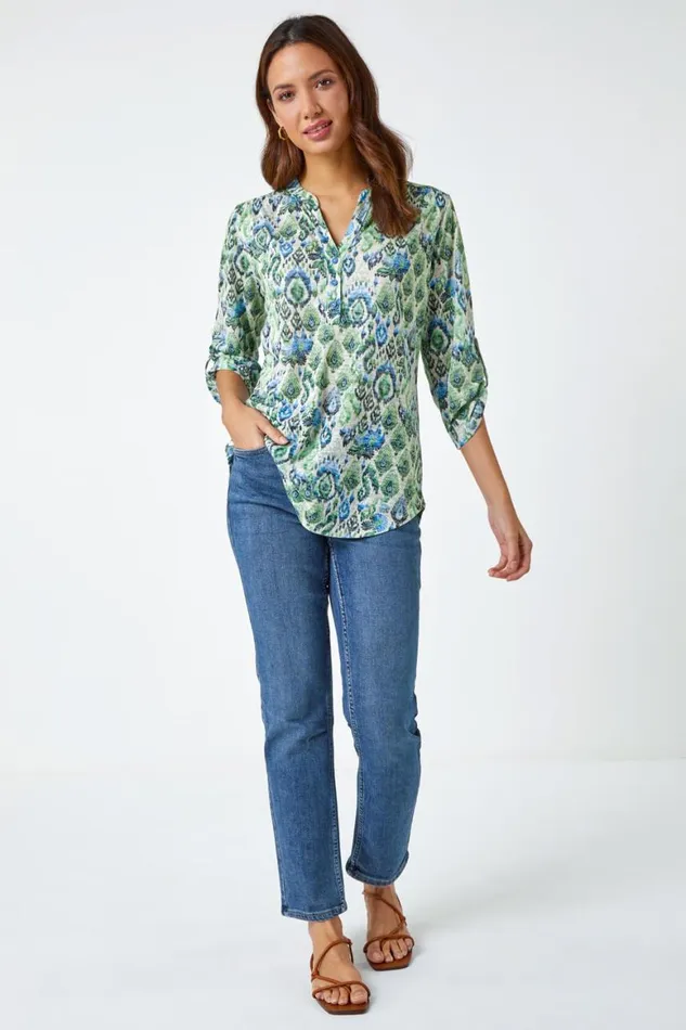 Women Green Aztec Burnout Print Relaxed VNeck Tunic Top Roman Tops