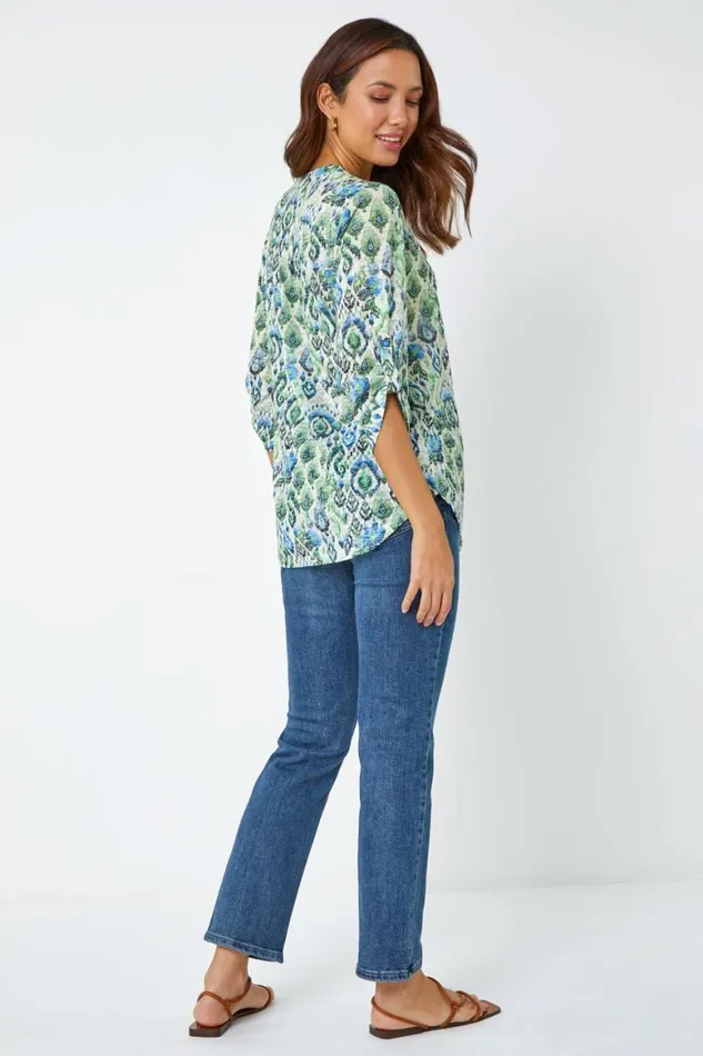 Women Green Aztec Burnout Print Relaxed VNeck Tunic Top Roman Tops