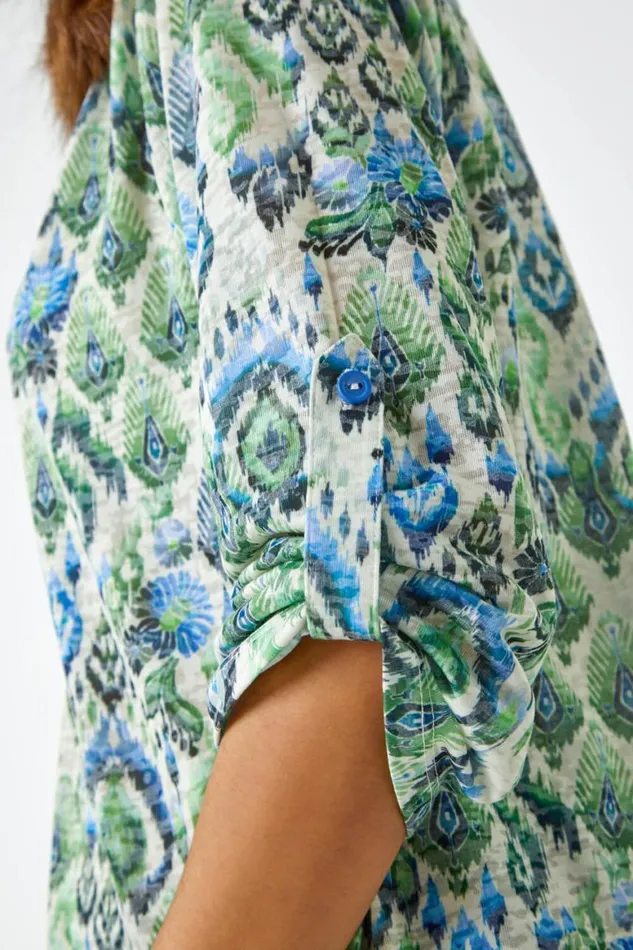 Women Green Aztec Burnout Print Relaxed VNeck Tunic Top Roman Tops