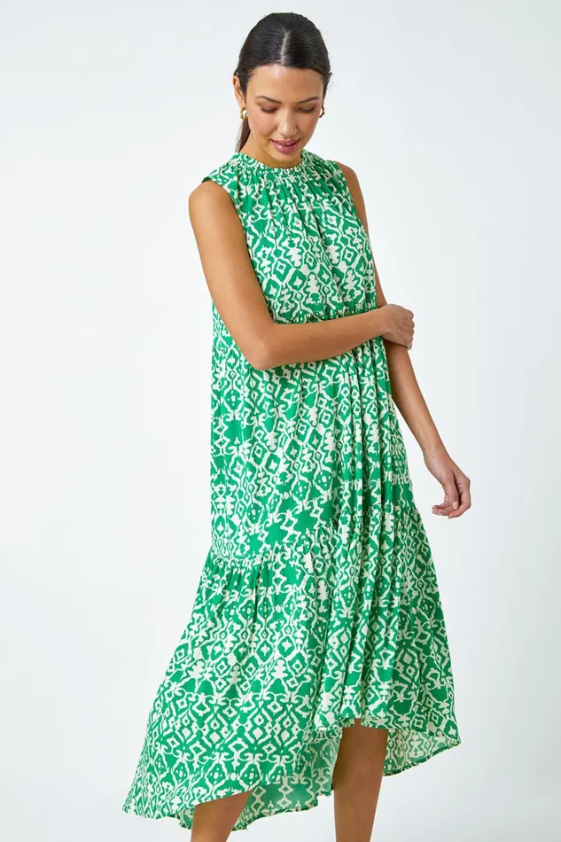 Women Green Aztec Tiered Smock Midi Dress Roman Dresses