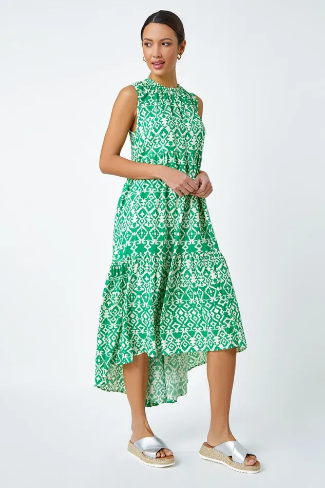 Women Green Aztec Tiered Smock Midi Dress Roman Dresses
