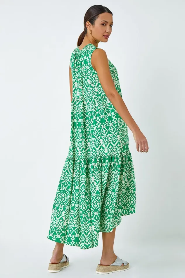 Women Green Aztec Tiered Smock Midi Dress Roman Dresses