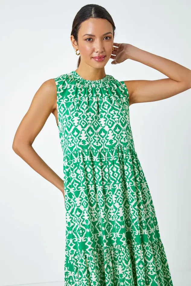 Women Green Aztec Tiered Smock Midi Dress Roman Dresses