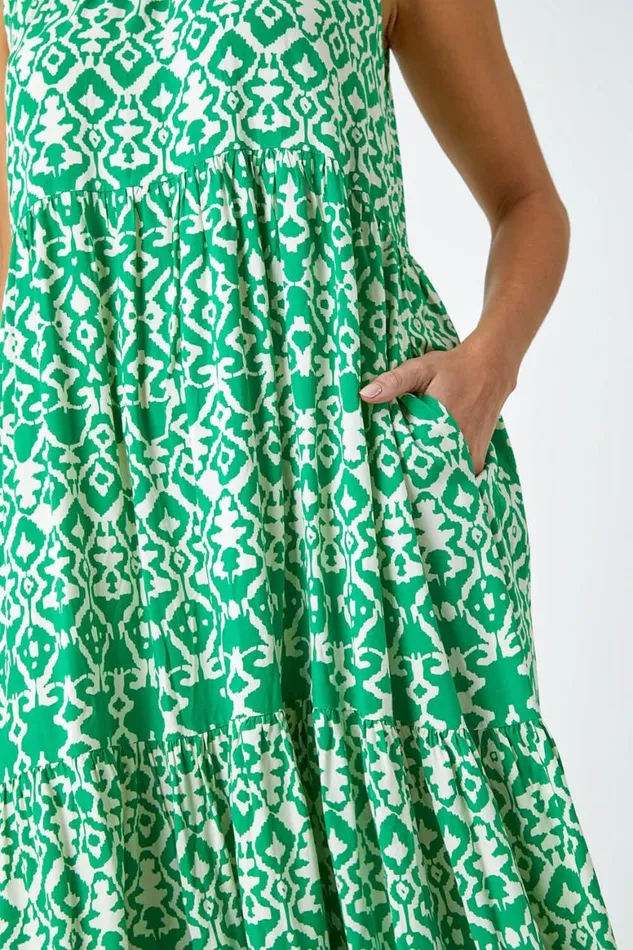Women Green Aztec Tiered Smock Midi Dress Roman Dresses