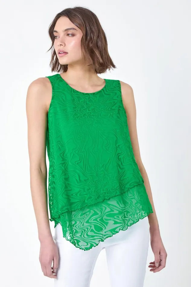 Women Green Burnout Swirl Print Asymmetric Top Roman Tops