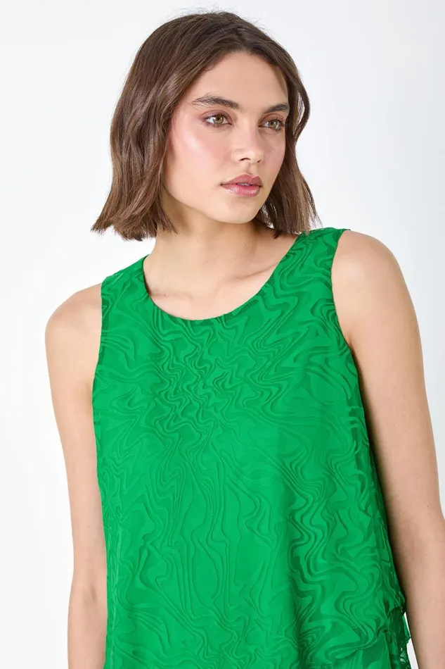Women Green Burnout Swirl Print Asymmetric Top Roman Tops