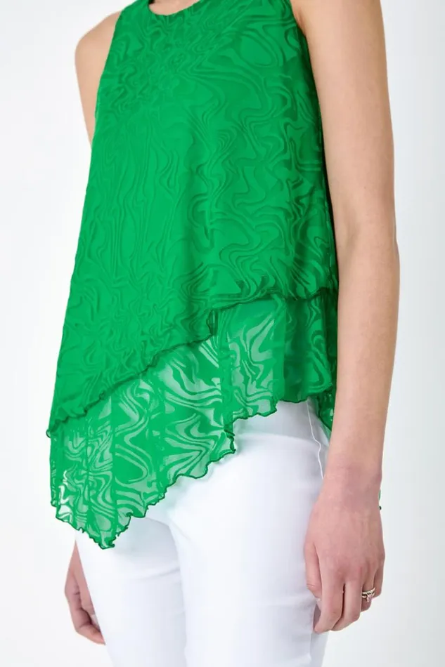 Women Green Burnout Swirl Print Asymmetric Top Roman Tops