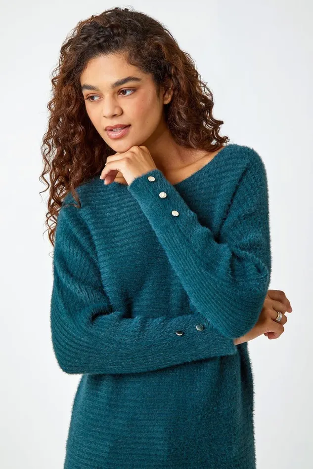 Women Green Button Sleeve Fluffy Longline Jumper Roman Knitwear