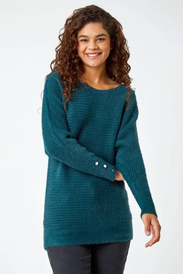 Women Green Button Sleeve Fluffy Longline Jumper Roman Knitwear