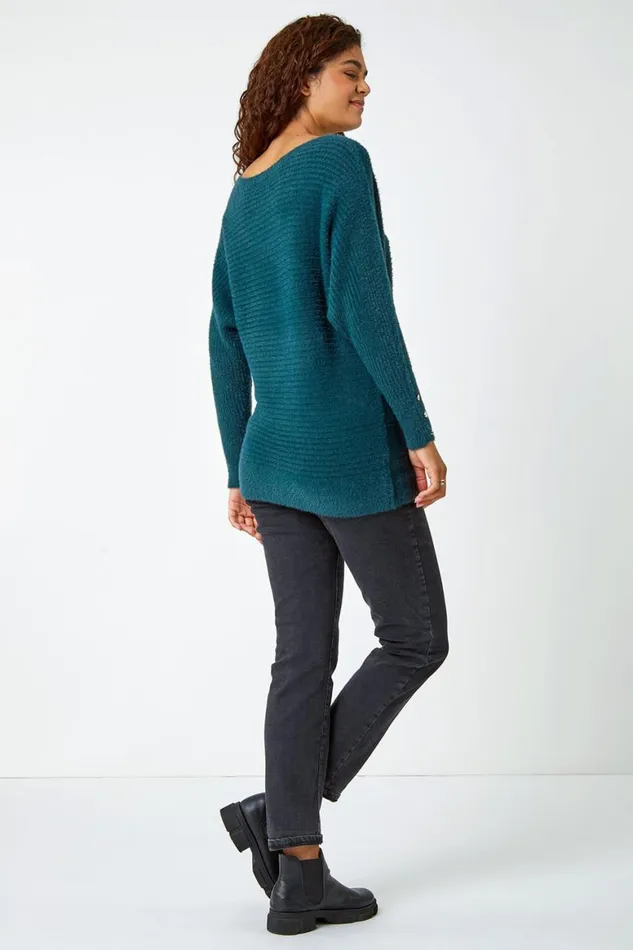 Women Green Button Sleeve Fluffy Longline Jumper Roman Knitwear