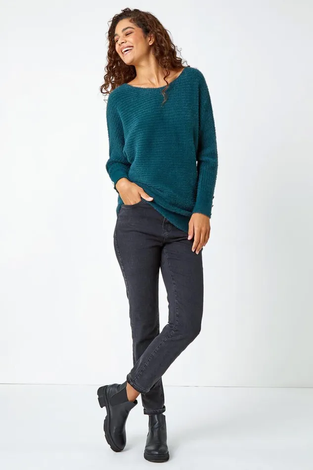Women Green Button Sleeve Fluffy Longline Jumper Roman Knitwear