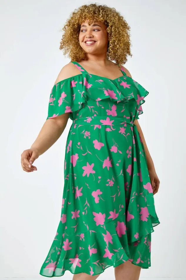 Women Green Curve Floral Cold Shoulder Chiffon Frill Dress Roman Dresses