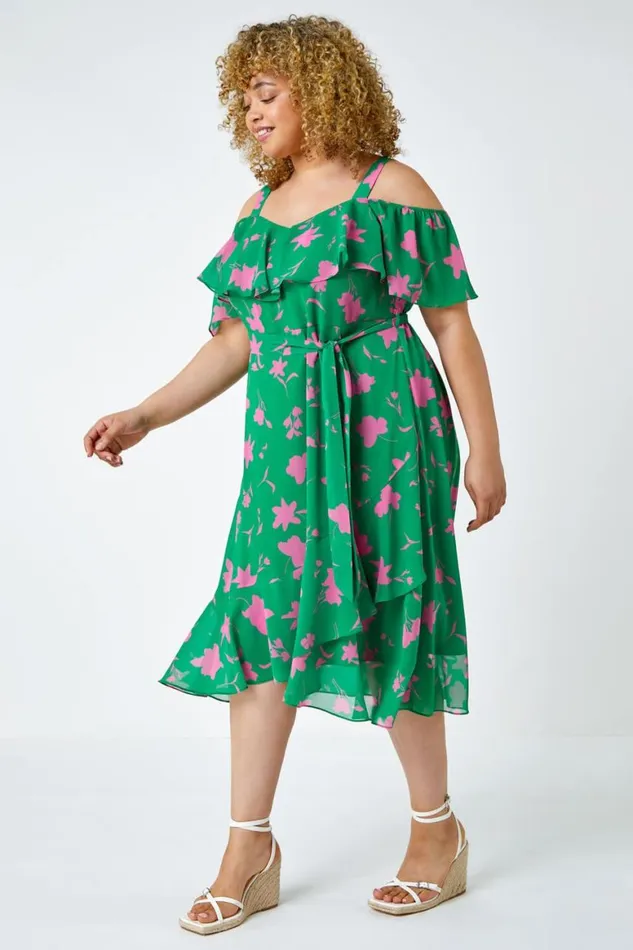 Women Green Curve Floral Cold Shoulder Chiffon Frill Dress Roman Dresses